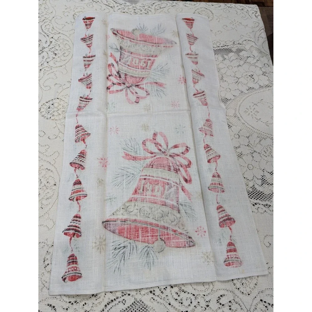 Vintage Pure Linen Christmas Tea Towel Red Bells Holiday Kitchen Decor